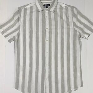 Express Men's Casual Gray and White Striped Shirt
